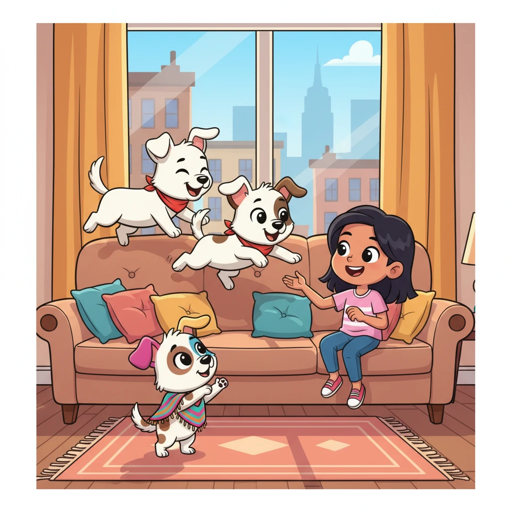 En un acogedor apartamento de Nueva York, vivían cuatro perritas con su querida Citlalli. Nala, Mía y Nieve, de pelaje blanco, a menudo pensaban que la pequeña Manchitas, con sus manchas negras y cafés, no era lo suficientemente grande o fuerte. Manchitas, la más diminuta, a veces se sentía un poco apartada, pero siempre soñaba con ser valiente y útil.