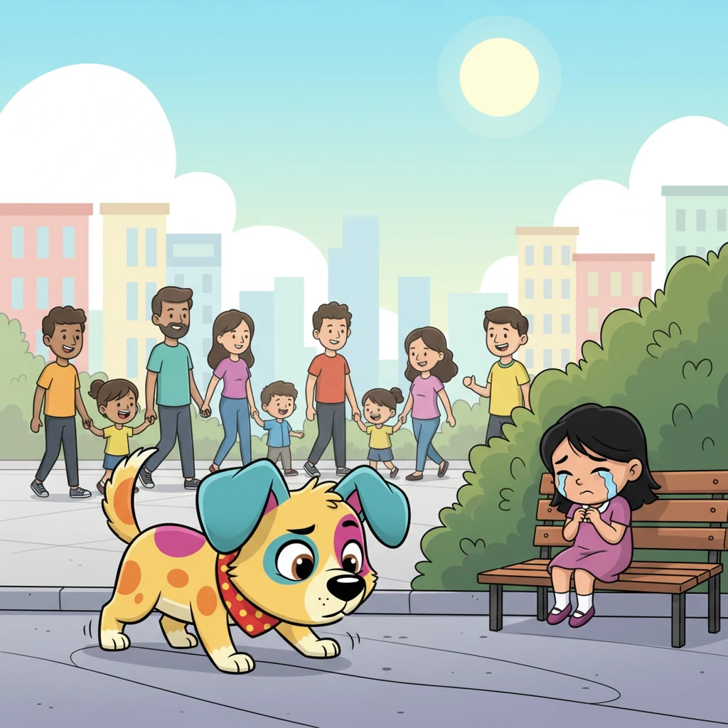 Manchitas usó su increíble olfato, siguiendo el rastro de Citlalli a través de bulliciosas calles y parques llenos de gente. Su pequeña nariz se movía de un lado a otro, concentrada en encontrar a su amiga perdida. Finalmente, en un rincón tranquilo de la ciudad, vio a Citlalli sentada y llorando desconsoladamente. Manchitas ladró con todas sus fuerzas, un ladrido pequeño pero lleno de amor y esperanza.