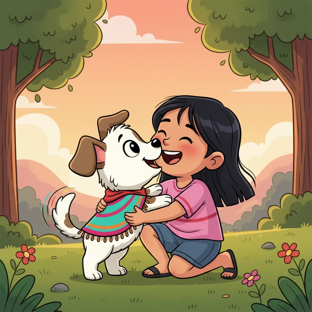 Al escuchar el familiar ladrido, Citlalli levantó la cabeza, sus ojos húmedos se encontraron con los de Manchitas. Con un grito de alegría, Citlalli se abalanzó sobre su pequeña salvadora, dándole un fuerte abrazo y llenándola de besos. Manchitas movía su colita con tanta fuerza que parecía que iba a salir volando, feliz de haber encontrado a su amiga. Juntas, emprendieron el camino de regreso a casa, con el corazón lleno de alivio y cariño.