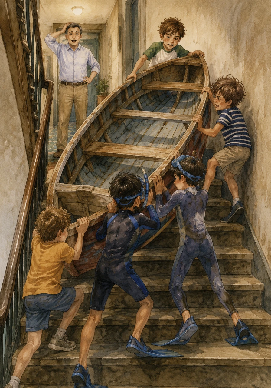 Toto and Joel enlist their friends' help to haul a heavy wooden rowboat up to the small maid's room on the fifth floor of their city apartment. Their father watches in confusion, wondering why they need a boat in a place with no water, but the boys are determined to keep it in their room.