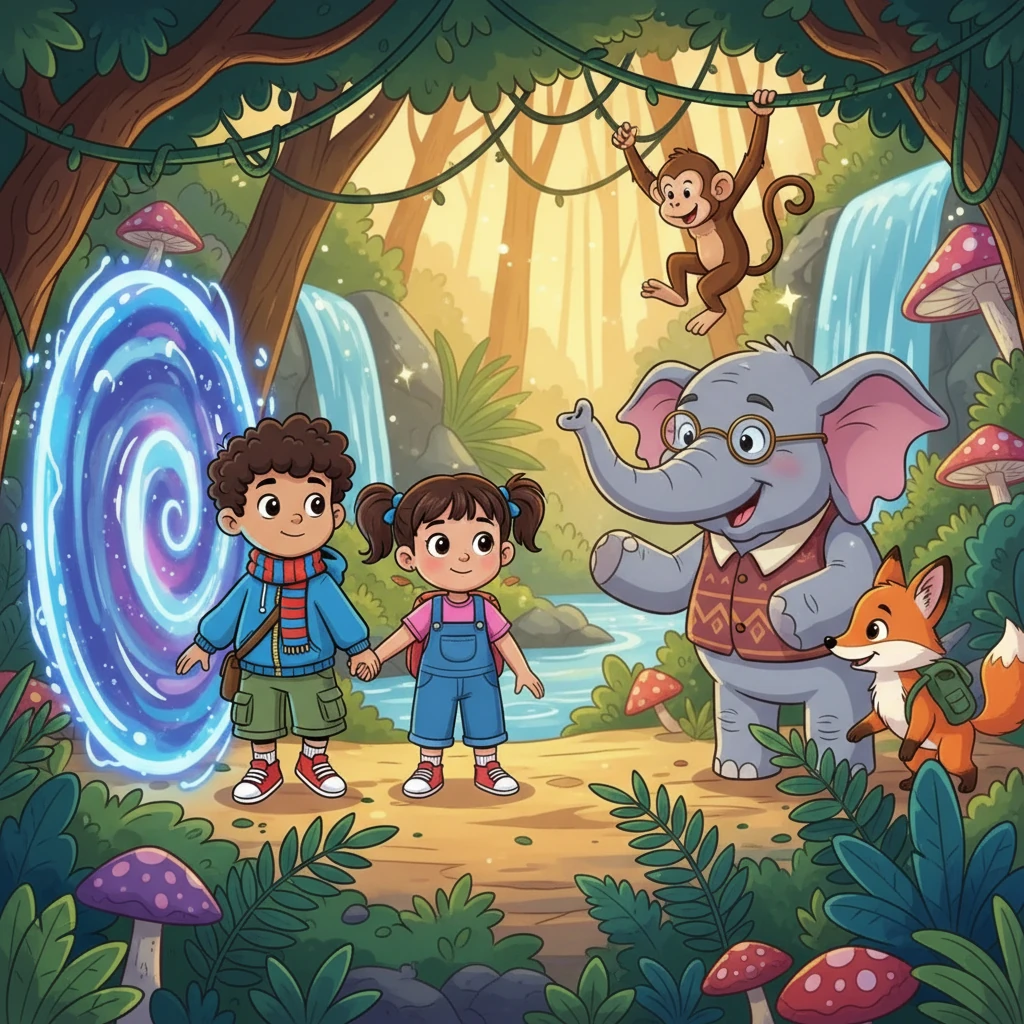 Taking a deep breath, Ayaan and Zoya stepped through the portal. They found themselves in a lush jungle filled with talking animals! A wise old elephant with spectacles greeted them, welcoming them to the magical world.