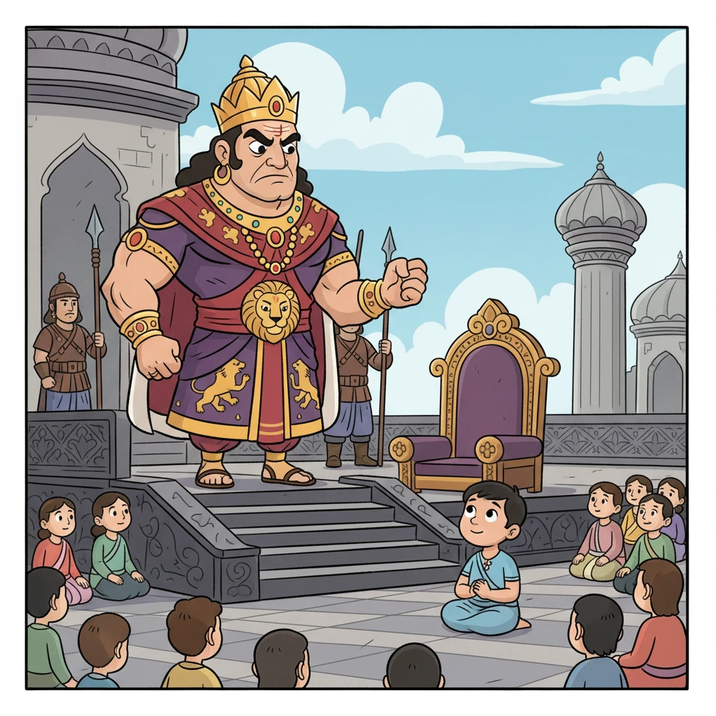 Once upon a time, there lived a very powerful and grumpy king named Hiranyakashipu. He believed he was the most important person in the whole world and demanded everyone worship only him, with a big frown on his face.