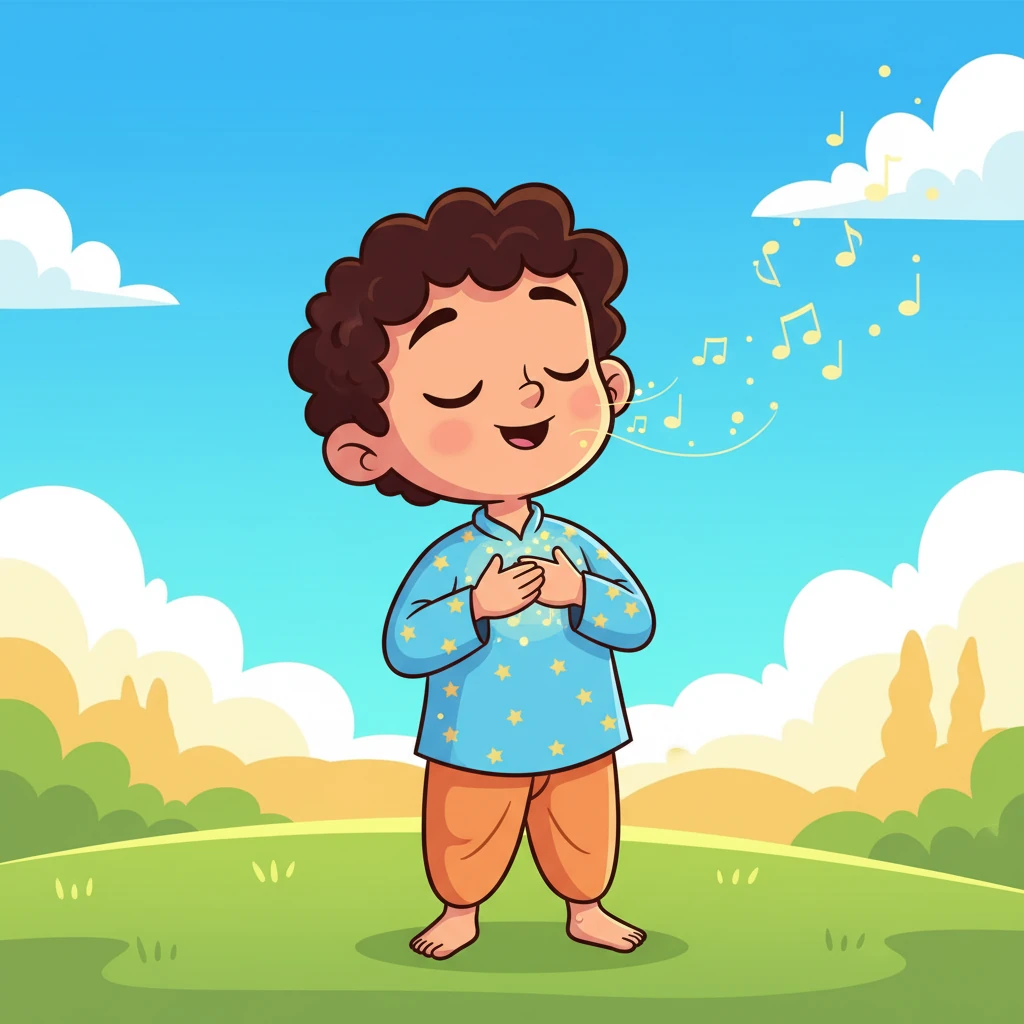 But the king had a sweet little son, Prahlada, with bright, kind eyes and a gentle smile. Prahlada loved to sing praises to the kind and loving Lord Vishnu, a secret he held close to his heart.