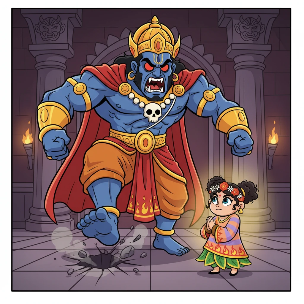 When King Hiranyakashipu discovered Prahlada's devotion to Vishnu, he grew very, very angry, stomping his feet and roaring loudly. He tried his best to make Prahlada stop, but Prahlada's faith was unshakeable.