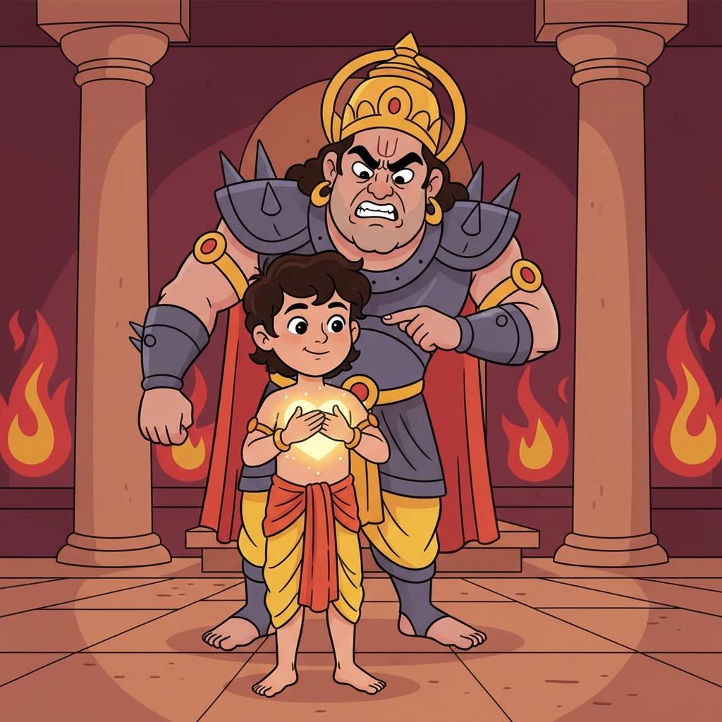 No matter how much his father grumbled or tried to scare him, Prahlada's heart stayed full of love for Vishnu. He just smiled sweetly, his devotion shining brighter than any royal jewel, proving his faith was stronger than any challenge.