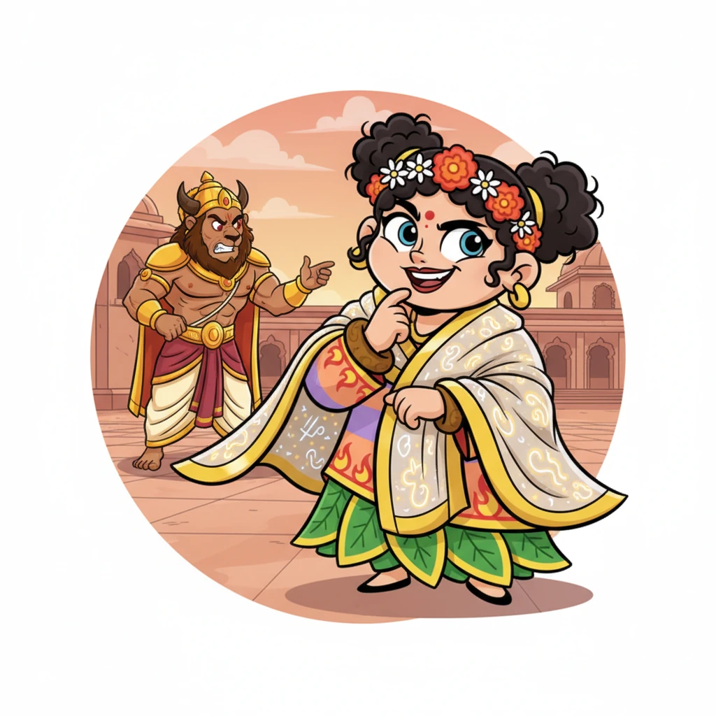 Furious, King Hiranyakashipu called for his sister, Holika, who had a special magic shawl that protected her from fire. Holika had a sly grin, thinking of a tricky, mischievous plan to help her brother.