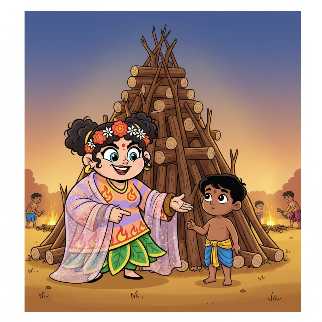 Holika led Prahlada to a giant pile of wood, ready for a bonfire. She pretended to be kind, inviting him to sit with her, promising to keep him safe under her magical, shimmering shawl.