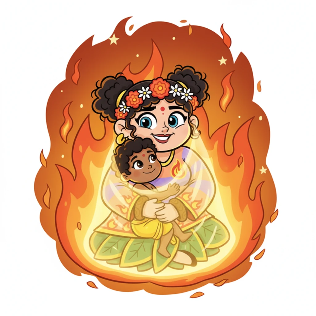 As the fire crackled and grew into a big, warm blaze, Holika sat confidently in the heart of the flames, holding Prahlada close. Her shawl seemed to glow, keeping her perfectly safe, or so she thought.