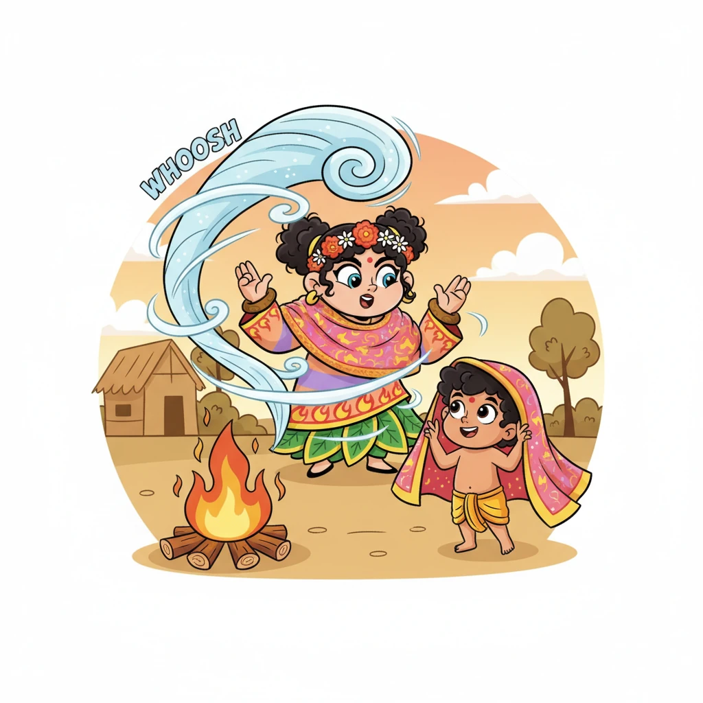 Suddenly, a playful gust of wind swirled around the fire, catching Holika's magical shawl with a whoosh! With a gentle flutter, it flew right off her shoulders and softly draped over little Prahlada.