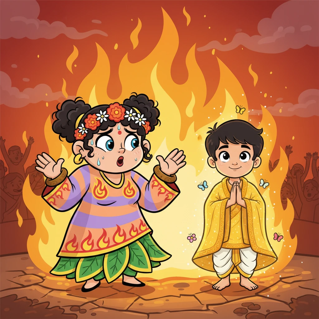 The fire roared louder, and to everyone's great surprise, Holika began to feel the heat, while Prahlada, now covered by the magical shawl, remained perfectly safe and smiling. The power of true devotion was truly amazing!
