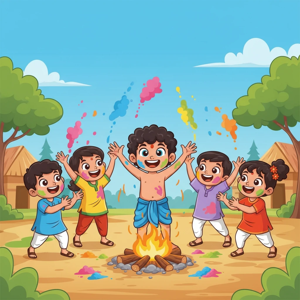 As the fire died down, Prahlada emerged perfectly unharmed, his eyes sparkling with joy and his heart full of happiness. Everyone cheered, celebrating the triumph of good over evil and the wonderful power of true faith, ready to play with bright colors!