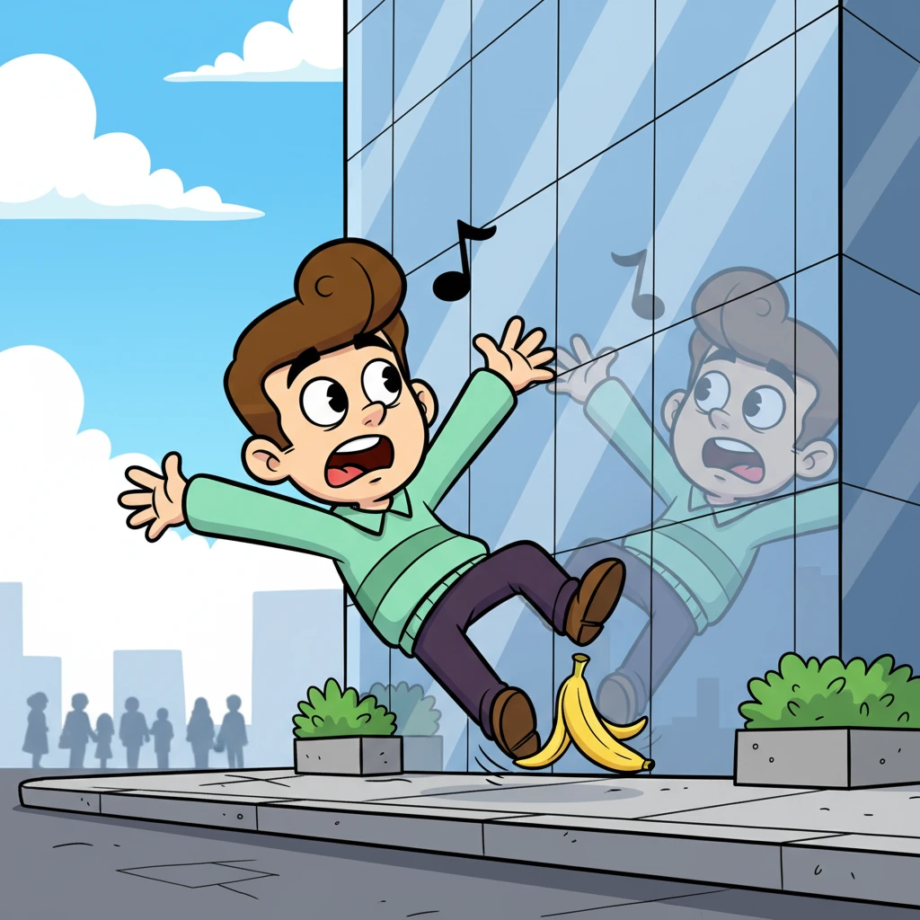 Eduardo strutted along the city sidewalk, whistling a jaunty tune, feeling on top of the world. He wasn't paying much attention to his footing, admiring his reflection in a towering skyscraper. Suddenly, his foot caught on an errant banana peel, sending him flailing towards the building's edge.