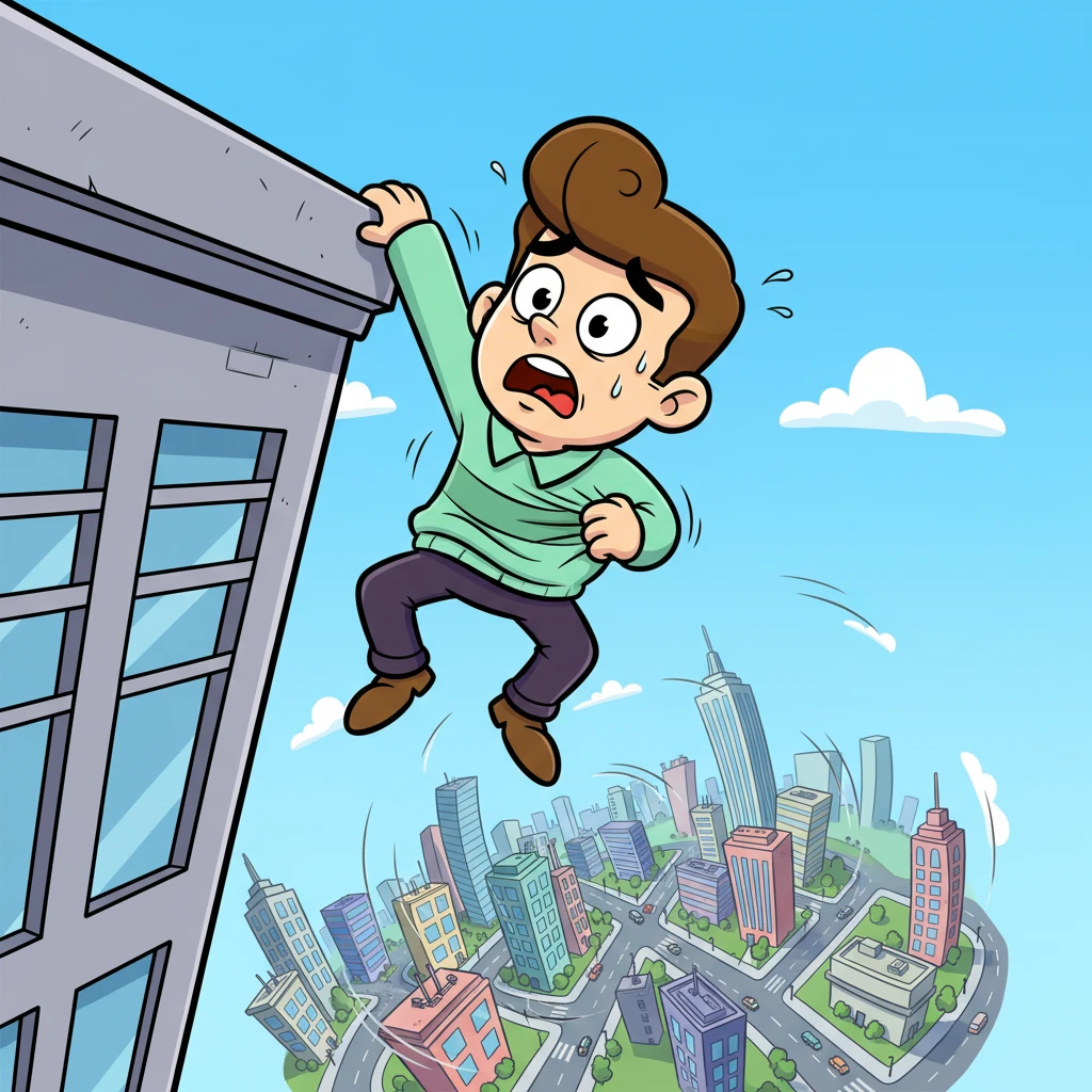 With a cartoonish "WHOA!", Eduardo found himself dangling precariously, clutching the very edge of the skyscraper's roof. His signature green sweater was stretched taut, and his eyes were wide saucers of pure terror. The dizzying city below spun beneath his dangling feet.