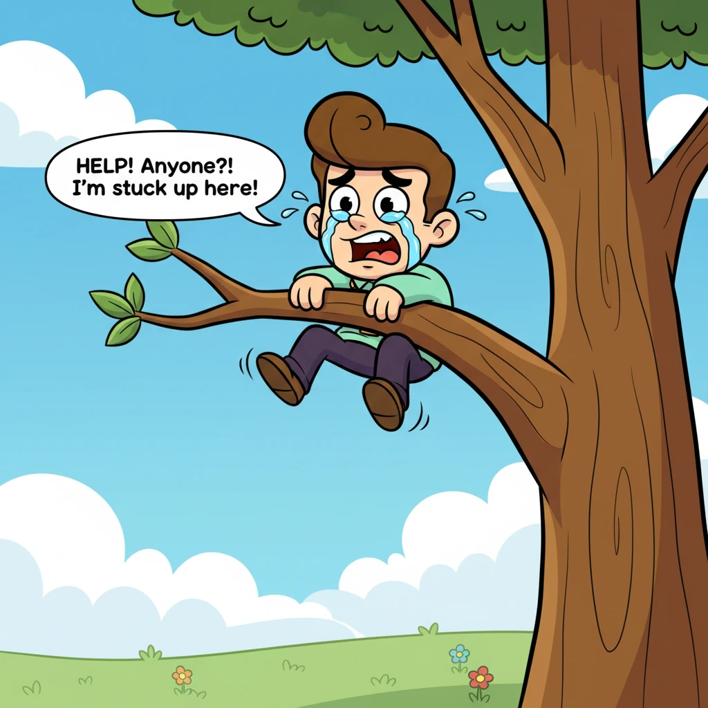 "HELP! Anyone?! I'm stuck up here!" Eduardo's voice squeaked, his confident demeanor completely gone. Tears welled in his exaggerated eyes, rolling down his expressive face as he struggled to maintain his grip. He wiggled his legs frantically, hoping someone, anyone, would hear his desperate plea.