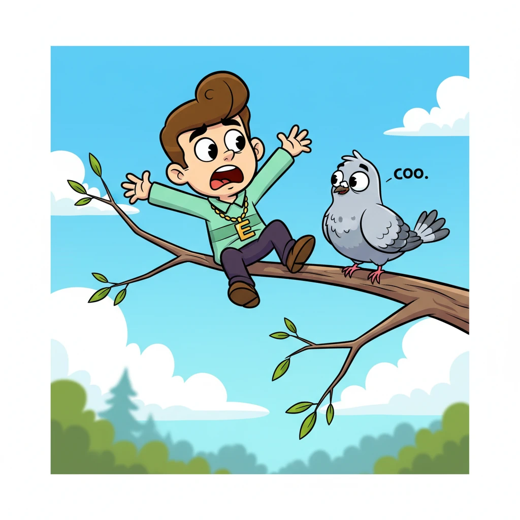 Just then, a plump, fluffy pigeon, with an equally exaggerated expression of concern, waddled to the edge nearby. It tilted its head, cooing softly as if asking what the fuss was about. Eduardo looked at the bird, momentarily forgetting his peril.