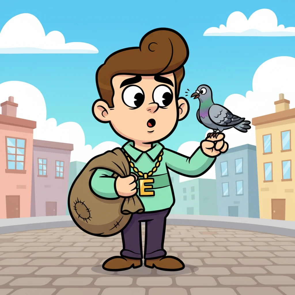 "Go on, shoo! You can't help me!" Eduardo grumbled, trying to wave a hand without letting go. The pigeon, instead of flying away, ruffled its feathers and pecked gently at his outstretched fingers, as if offering a tiny, feathered handshake of support. Eduardo blinked, surprised by the bird's unexpected friendliness.