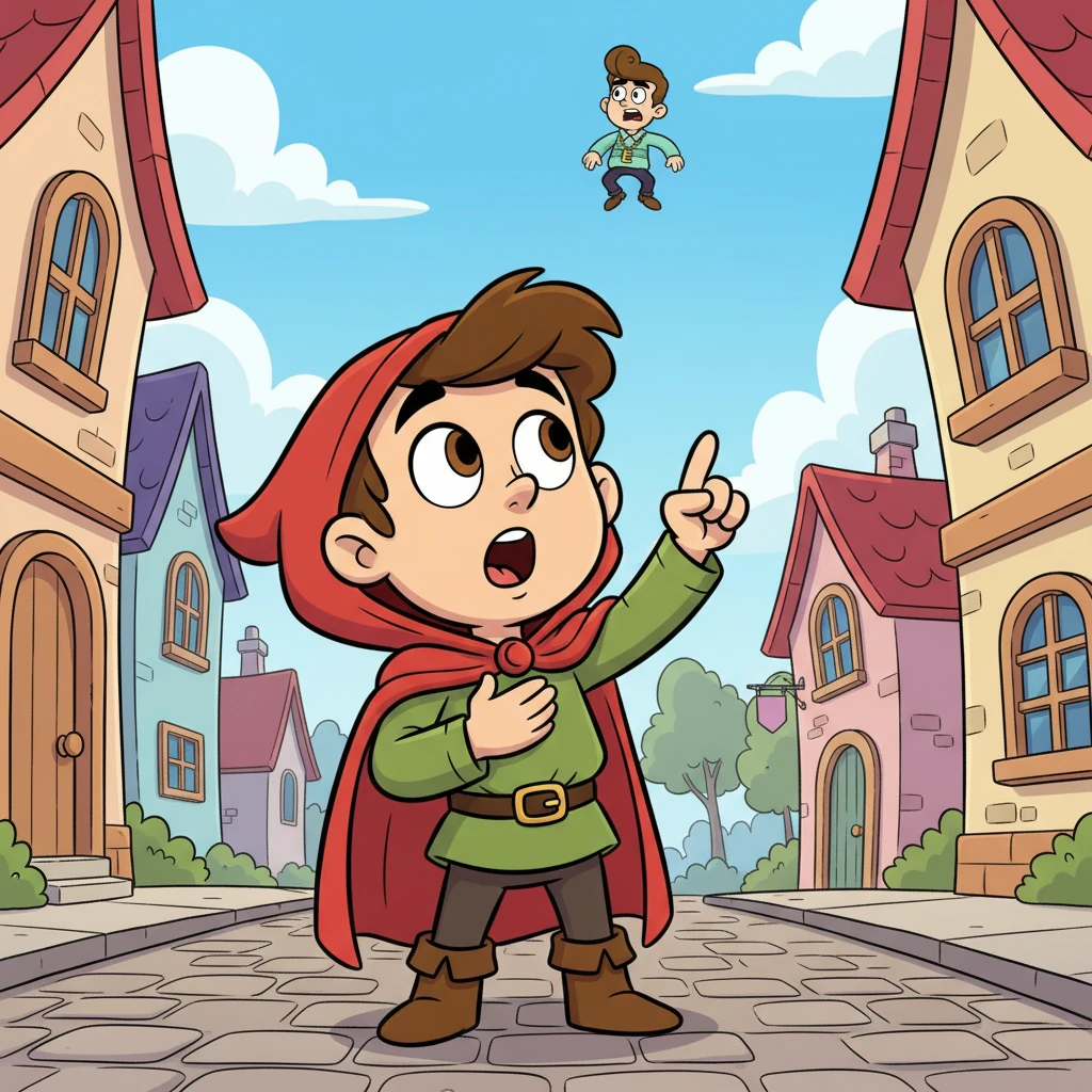 Down on the street, a cheerful, red-hooded adventurer named Pippin noticed the commotion high above. He squinted, saw Eduardo's predicament, and gasped with a dramatic flourish. Pippin immediately knew he had to spring into action to save the poor fellow.