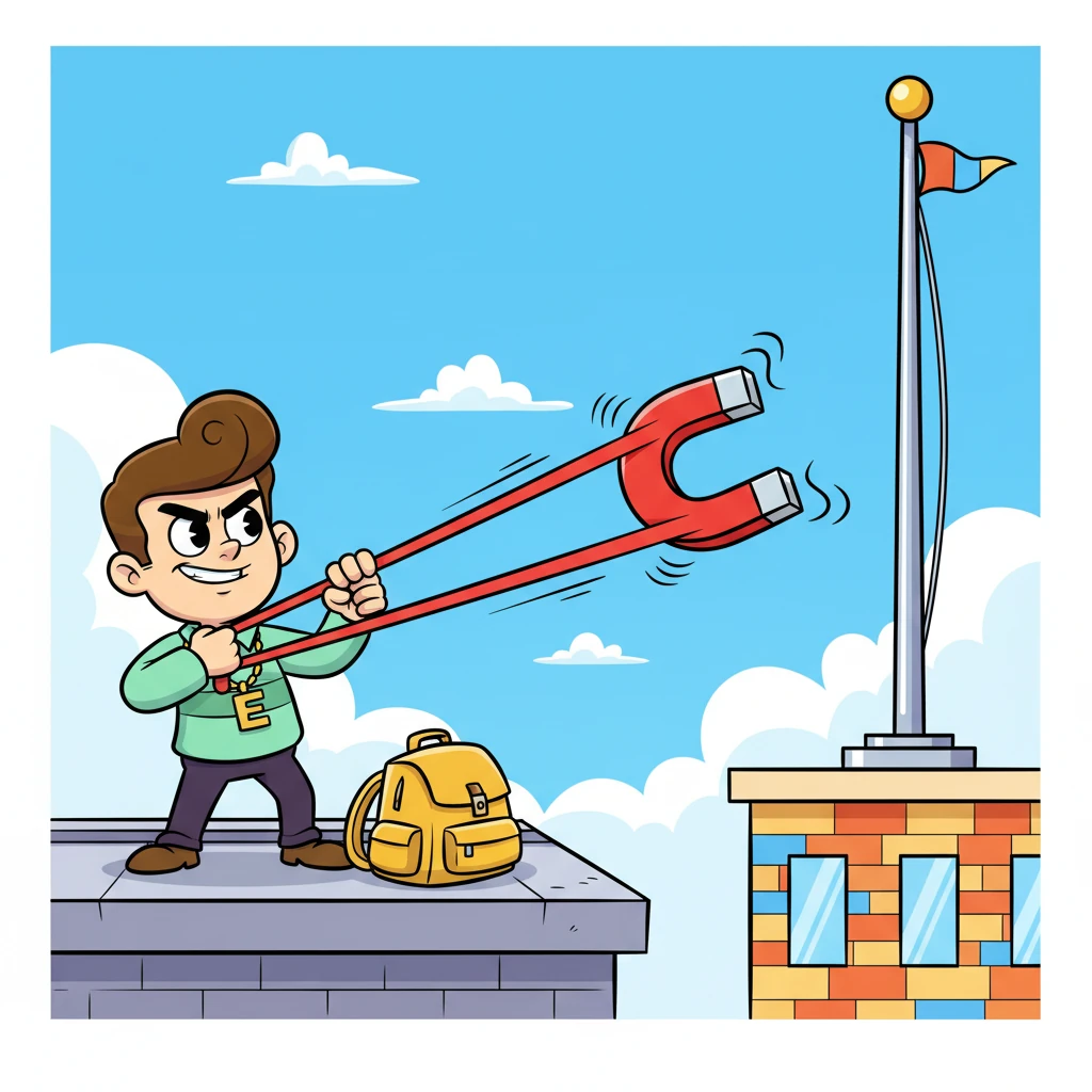 Pippin, with a twinkle in his eye, grabbed a giant, stretchy rubber band from his backpack and aimed it at a flagpole on the building opposite. He attached a super-strong, cartoonishly oversized magnet to the band. His plan was quirky, but Pippin was confident it would work!