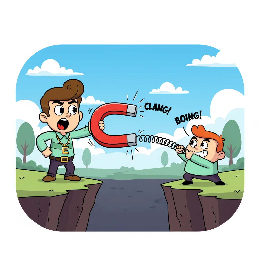 With a mighty pull and a comical "BOING!", Pippin launched the magnet across the gap. It flew through the air, miraculously latching onto Eduardo's metal belt buckle with a satisfying CLANG! Eduardo yelped, surprised by the sudden tug.