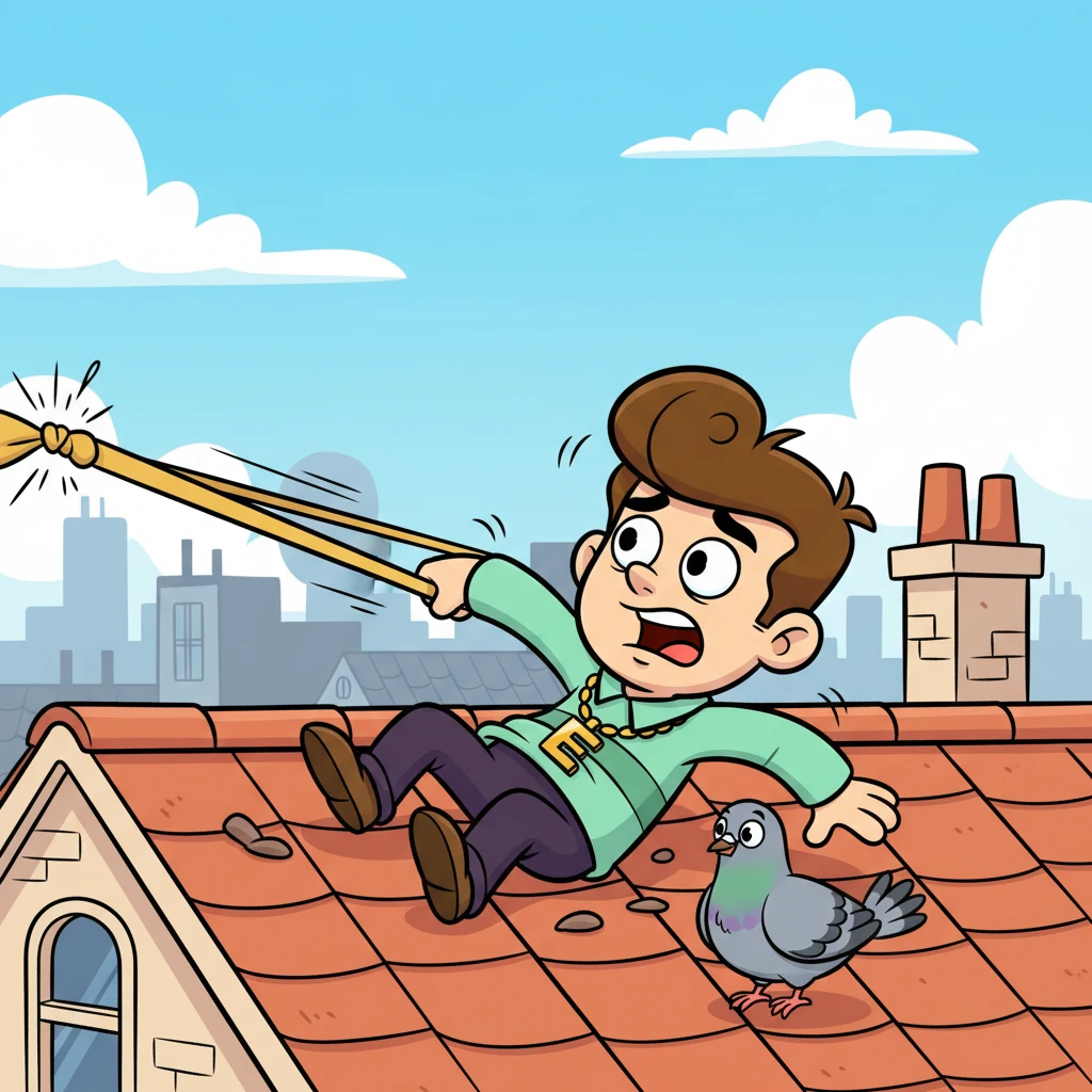 The stretchy band retracted, pulling Eduardo swiftly but gently across the gap and safely onto the opposite rooftop. He landed in a heap, disheveled but unharmed, his face a mix of relief and utter bewilderment. The pigeon flew over, landing softly beside him.