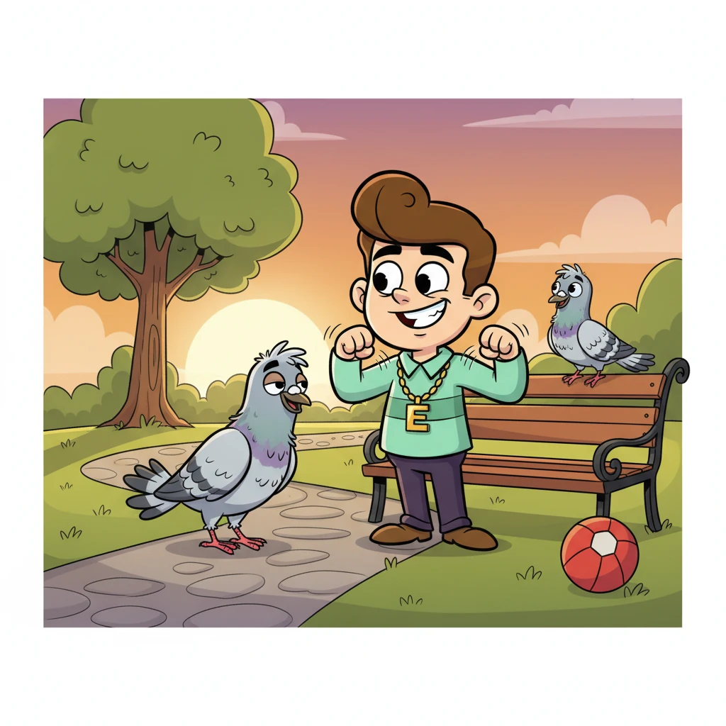 "Oh, thank you, thank you, thank you!" Eduardo exclaimed, dusting himself off and grinning at Pippin. Pippin bowed dramatically, a proud smile on his face. The pigeon cooed happily, and all three shared a moment of triumph and unexpected friendship.