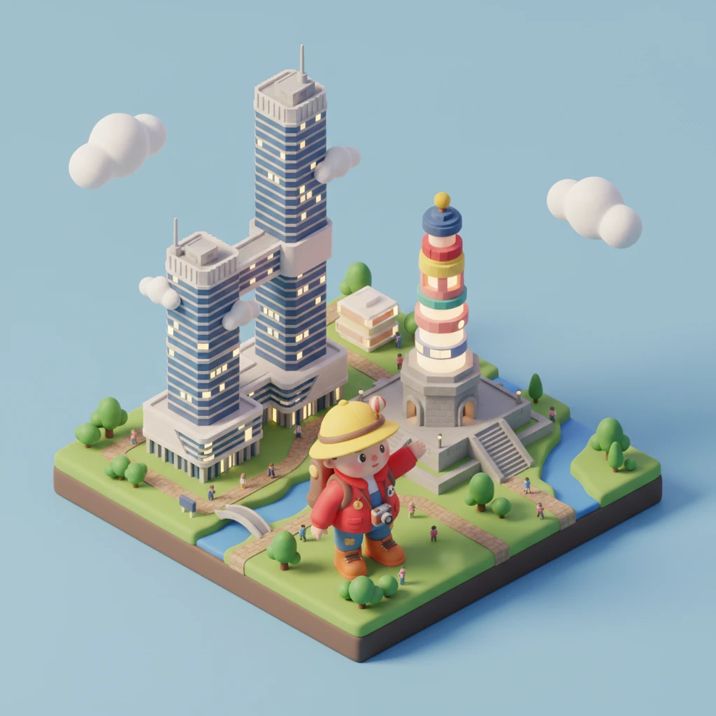 小奇眨了眨眼，发现自己来到了一个由光影和高楼组成的奇妙世界！解放碑像积木搭成的巨大灯塔，指引着方向。她穿过人群，来到重庆来福士，那里的两座大楼像巨大的帆船，即将启航。