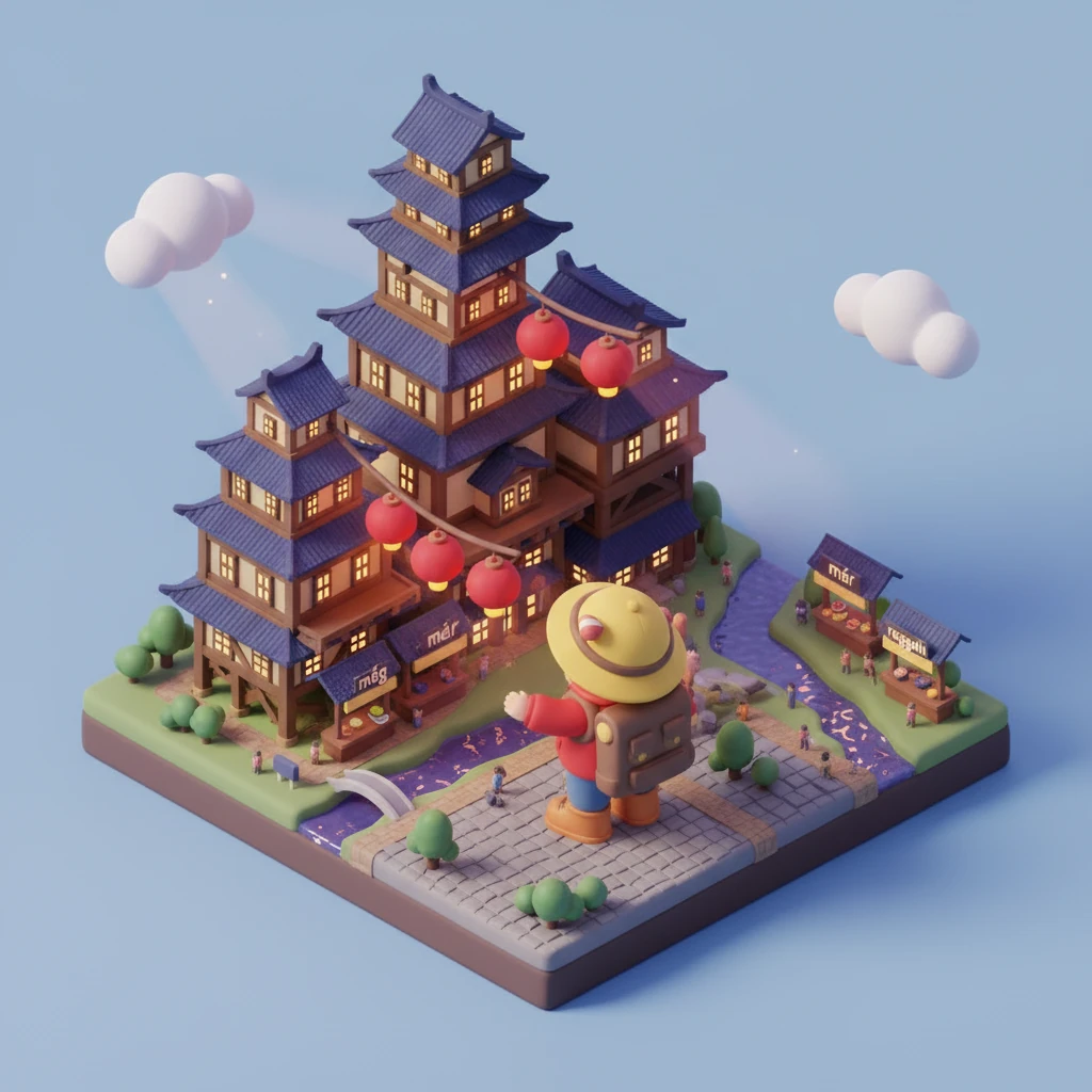 夜幕降临，小奇来到了洪崖洞。这里层层叠叠的吊脚楼亮起了灯，像极了动画片里的魔法城堡。红色的灯笼高高挂起，映照着江水，小奇感觉自己仿佛置身于一个千与千寻的梦境之中。