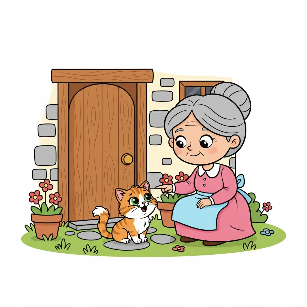 Soudain, un petit miaulement doux se fit entendre. Lilou et sa mamie se sont approchées de la porte et ont vu un adorable chat tigré. Le chat, les yeux brillants, miaulait et semblait réclamer quelque chose. Lilou, intriguée, regardait le chat avec curiosité.