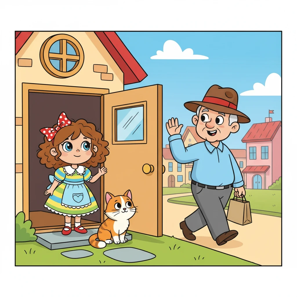 Papi, avec un sourire amusé, a compris ce que voulait le chat. Il a enfilé son chapeau et est parti au magasin pour acheter des bonbons. Lilou l'a regardé partir, impatiente de voir la suite de cette étrange visite.