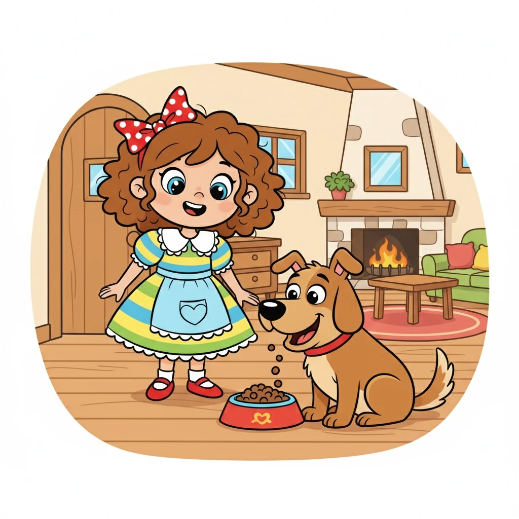 Peu après, quelqu'un a frappé à la porte. Cette fois, c'était un grand chien joyeux qui demandait des croquettes. Lilou, émerveillée, a observé le chien, se demandant ce qu'il allait se passer ensuite. Elle a ri en voyant le chien manger ses croquettes.