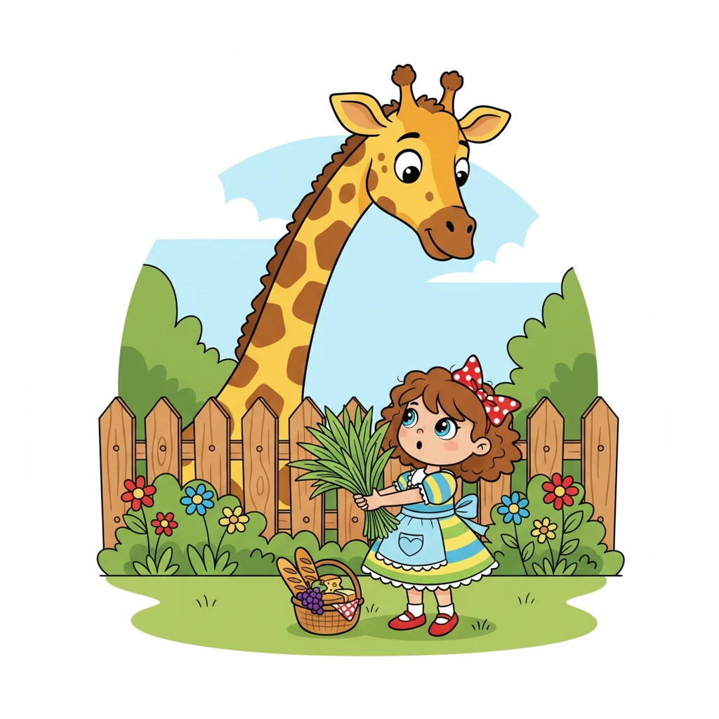 Un long cou apparut alors au-dessus de la clôture : une girafe, qui réclamait de l'herbe fraîche. Lilou, surprise, a couru chercher de l'herbe tendre dans le jardin. La girafe, ravie, a dévoré son goûter avec gourmandise.