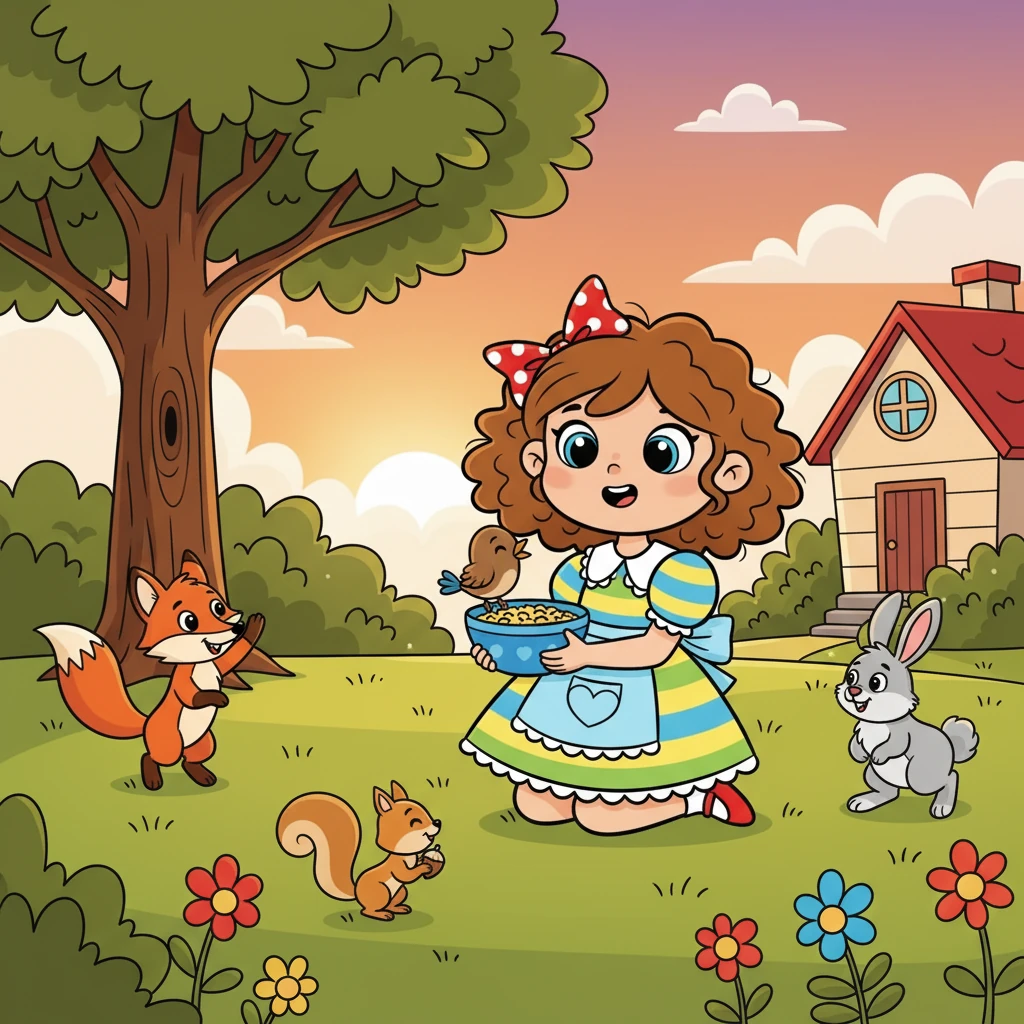 Pour finir, un petit oiseau affamé est venu picorer des graines. Lilou, pleine de joie, a rempli une petite coupelle. À la fin de la journée, tous les animaux sont repartis heureux, et Lilou a dit : « Chez papi et mamie, il y a toujours assez d'amour et de friandises pour tout le monde ! »