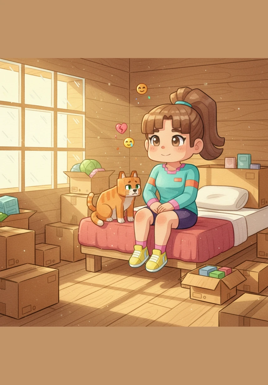 Italia sits on her bed made of red wool blocks, surrounded by pixelated cardboard boxes as she prepares for her ninth move. She looks at her blocky cat and says, 'I feel a little bit fluttery and sad to leave, and that’s okay.' The illustration shows a cozy room of oak planks with sunlight streaming through glass panes, highlighting the skill of naming emotions to feel better.