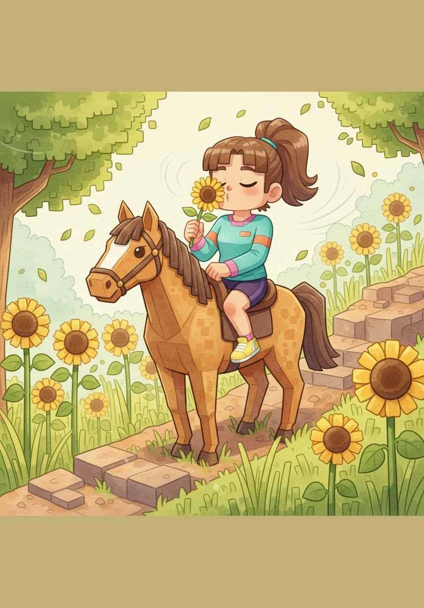 The journey begins as Italia rides a blocky horse through a vibrant, pixelated meadow filled with square sunflowers and tall grass. When the path gets steep and her heart starts to race, she stops to take a big breath, saying, 'I will smell the pixel-flower and blow out the birthday candle.' This scene shows her practicing deep breathing to stay calm while the wind rustles the blocky leaves around her.