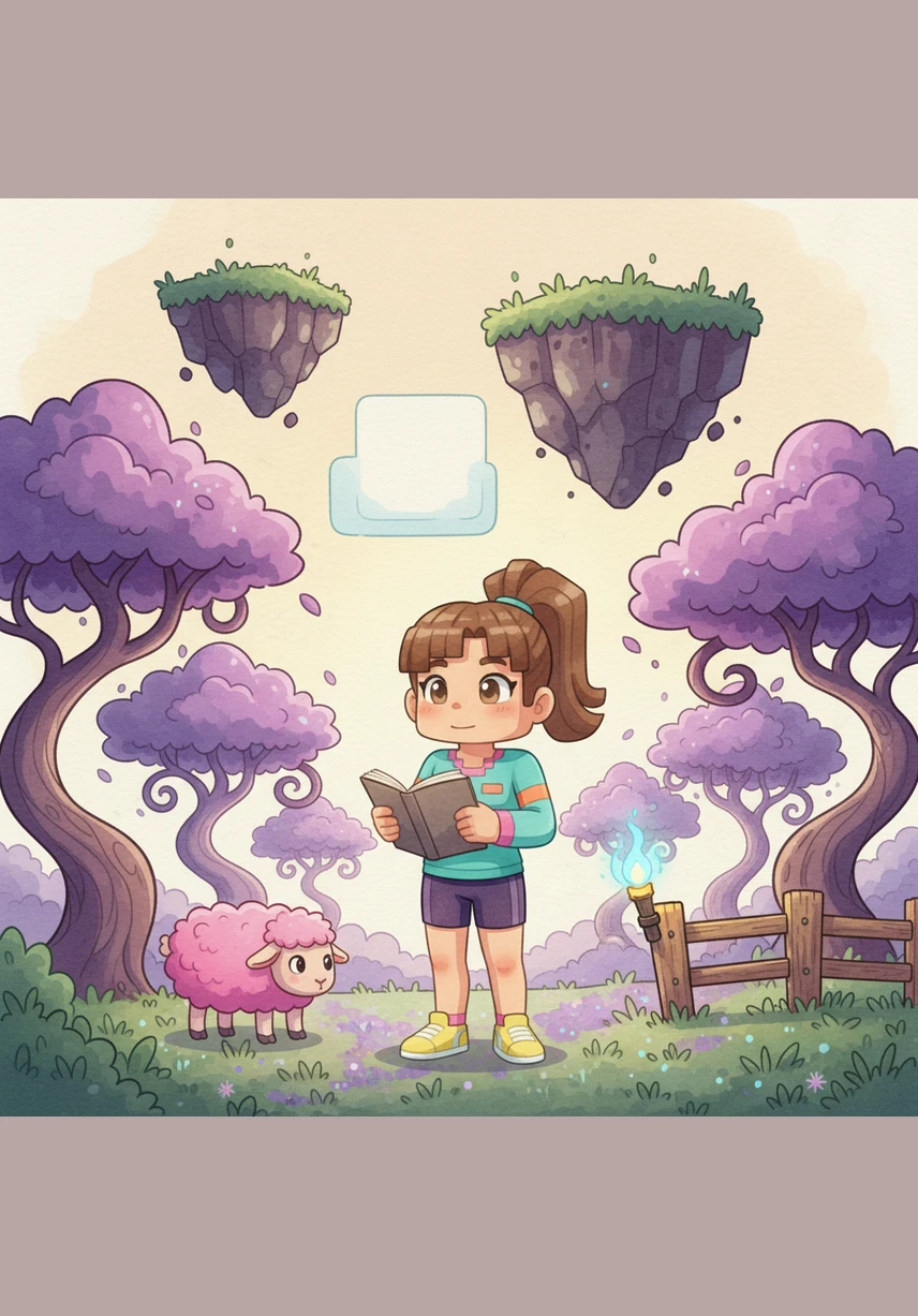 They arrive at a brand-new biome with purple trees and floating islands, and Italia feels a bit overwhelmed by the strange sights. To feel grounded, she counts five things she sees: a square cloud, a pink sheep, her sketchbook, a wooden fence, and a blue torch. 'I am here, and I am safe in this new world,' she whispers, noticing the tiny, beautiful details of the pixelated landscape.