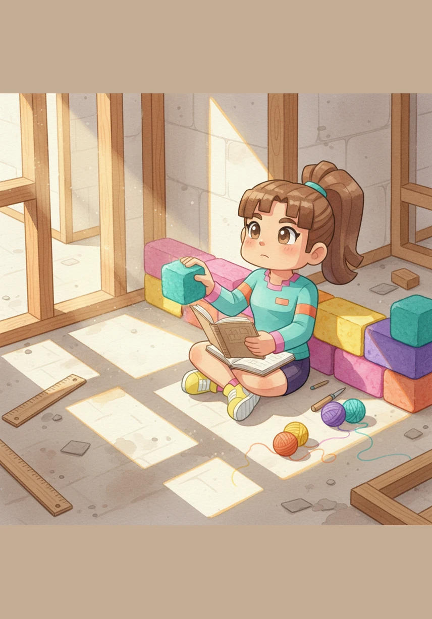 Italia opens her sketchbook to design her new room, her eyes noticing exactly how the light hits the blocks in this new place. Even though the walls aren't built yet, she tells herself, 'I am a creative builder, and I can make this place beautiful.' The illustration shows her placing colorful wool blocks with precision, using positive self-talk to fuel her creativity.