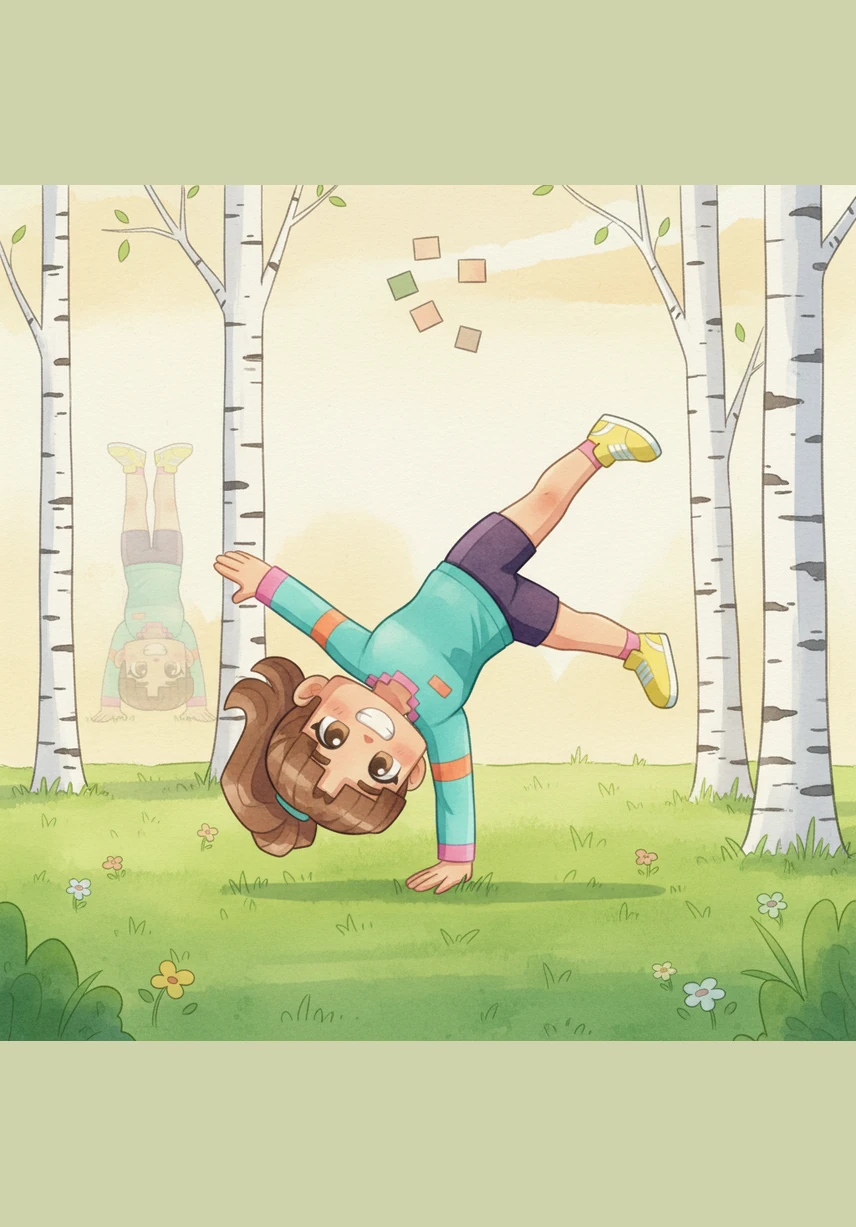 After a long day of learning at home, Italia’s legs feel wiggly and restless, so she finds a flat grassy area to practice her gymnastics. She does a perfect pixelated cartwheel and a handstand against a birch tree, feeling her muscles grow strong and her mind turn calm. 'Moving my body helps the big feelings flow out,' she shouts joyfully to the square birds above.