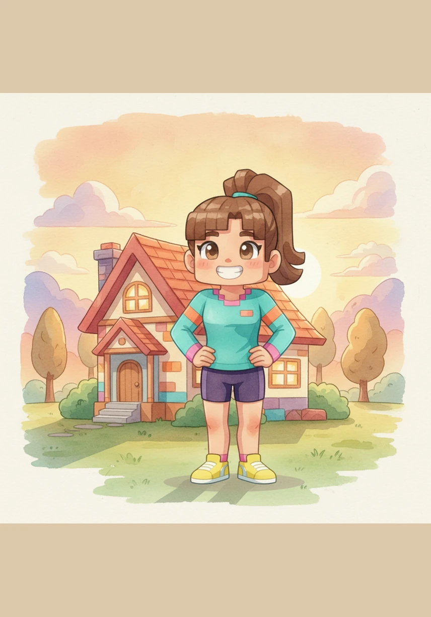 The sun sets over Italia’s finished home, casting a golden glow over the blocky landscape she helped create. She realizes that while homes change, her strength, creativity, and skills stay with her wherever she goes. 'I am Italia, the brave explorer of my own world,' she says with a proud smile, feeling confident and ready for every new adventure.