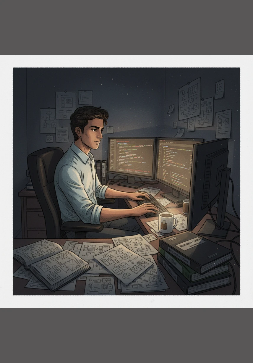 Hemanth sits in his small, dimly lit room, his face illuminated by the warm glow of multiple monitors. His desk is cluttered with hand-drawn user interface sketches and open documentation for Naipunnya Lokam, a platform he hopes will democratize skill development for everyone.