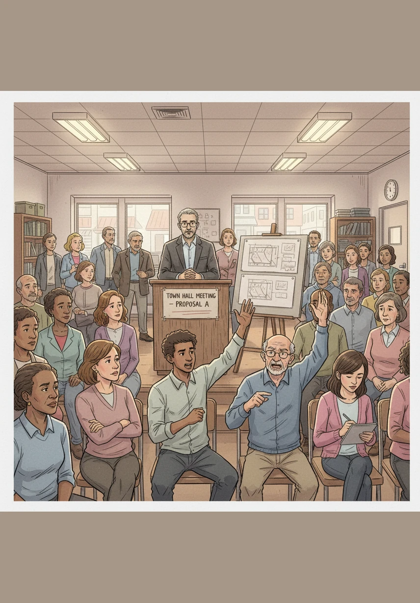 At a bustling local tech meetup, Hemanth passionately demonstrates his app to a group of interested developers. Among them is Kishore, a seasoned architect with a sharp gaze, who watches the presentation with a mix of curiosity and quiet intensity.