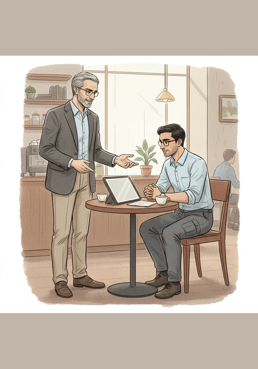 Kishore and Hemanth sit in a quiet corner of a modern cafe, a laptop open between them on a wooden table. Kishore points to a specific architectural function, explaining that a top-tier company looks for how an engineer handles complexity and communicates under pressure.