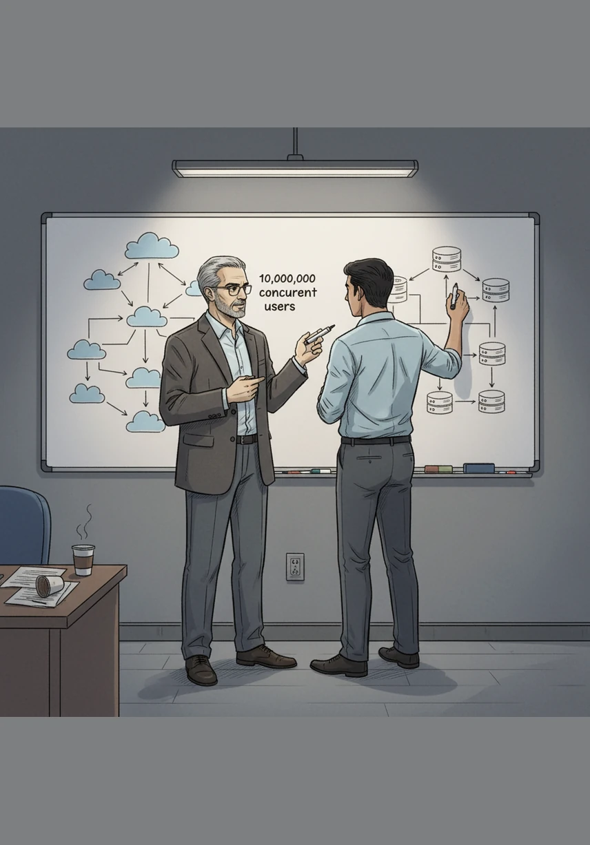 In a late-night study session, Kishore sketches a massive cloud network on the board, asking Hemanth how to handle ten million concurrent users. Hemanth pauses, then begins to draw a distributed system, his confidence growing as he designs a scalable solution.