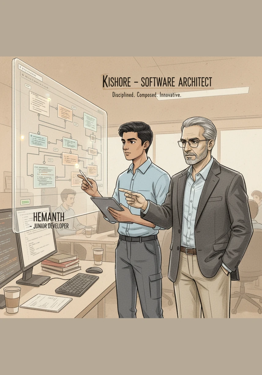 Hemanth practices his communication skills, standing tall and explaining a complex architectural decision to an imaginary audience. Kishore listens carefully, teaching him that the ability to simplify the complex for others is the true mark of a leader.