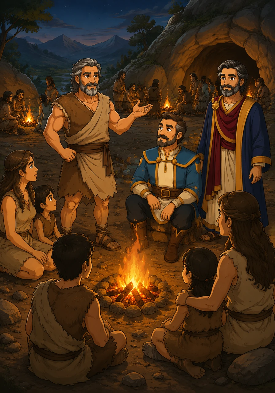 Long ago, humans realized that surviving alone was difficult, so they gathered around flickering fires to share warmth and stories. Leo watches as the first families form small bands, discovering that together they are stronger against the wild world.