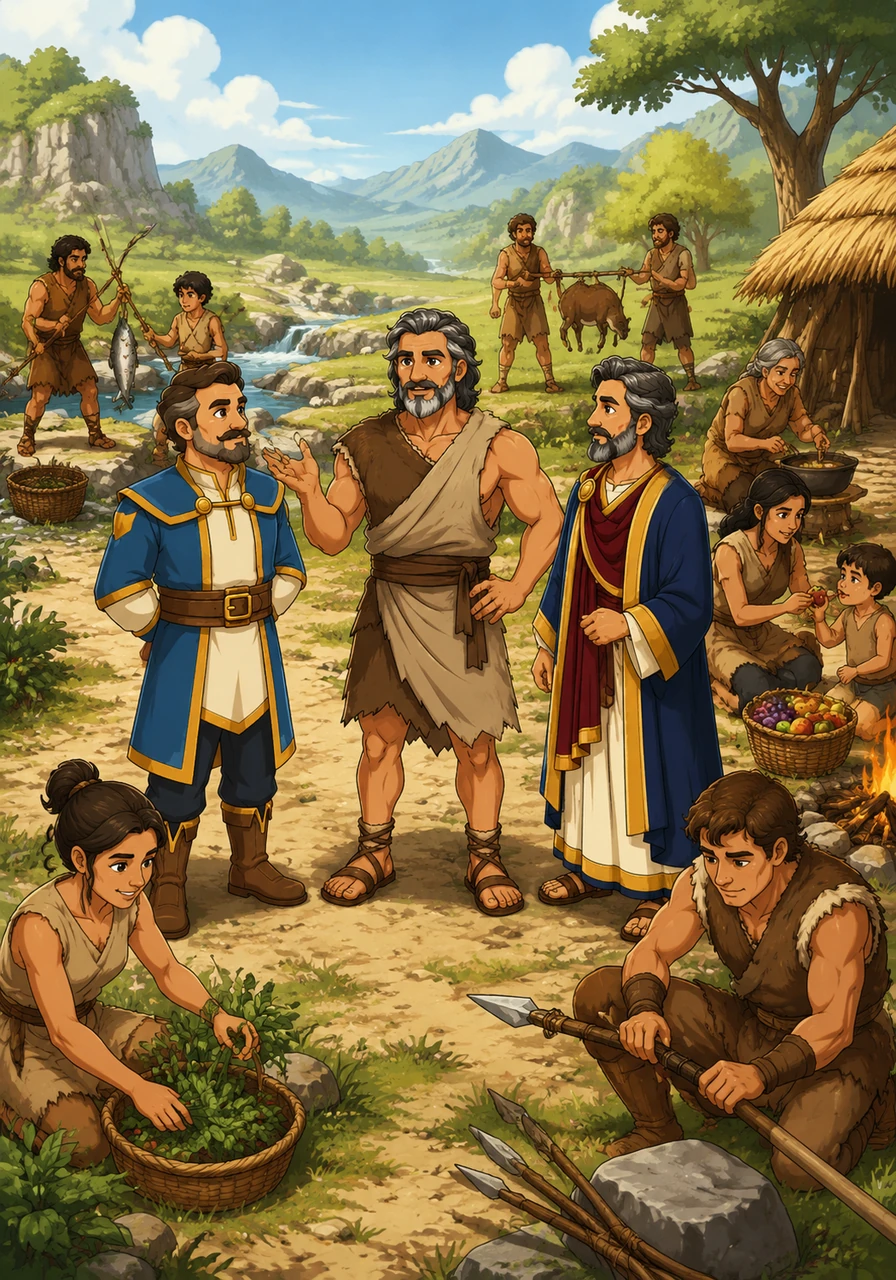 As these groups grew, they learned to communicate and share tasks like hunting and gathering. Leo notices how they begin to care for one another, creating the first bonds of a true community through social interaction.