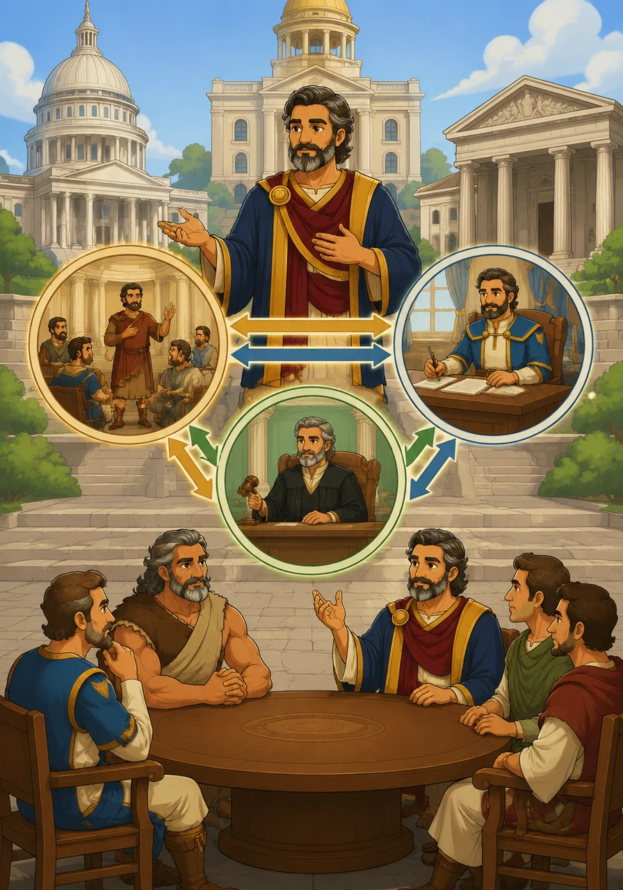 To prevent any one person from having too much power, society developed the modern branches of government. Leo explores how the legislative, executive, and judicial branches work together to maintain a system of checks and balances.