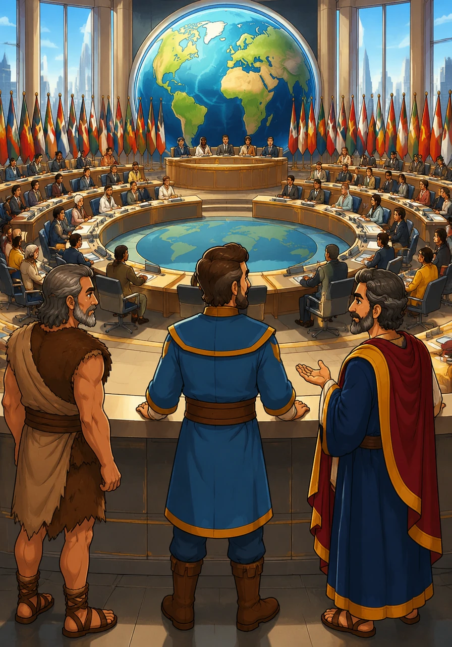 Today, the spirit of the parliament has reached a global scale, where nations talk to solve world problems together. Leo looks out at a modern assembly where voices from every corner of the earth unite to build a peaceful and just future for all.