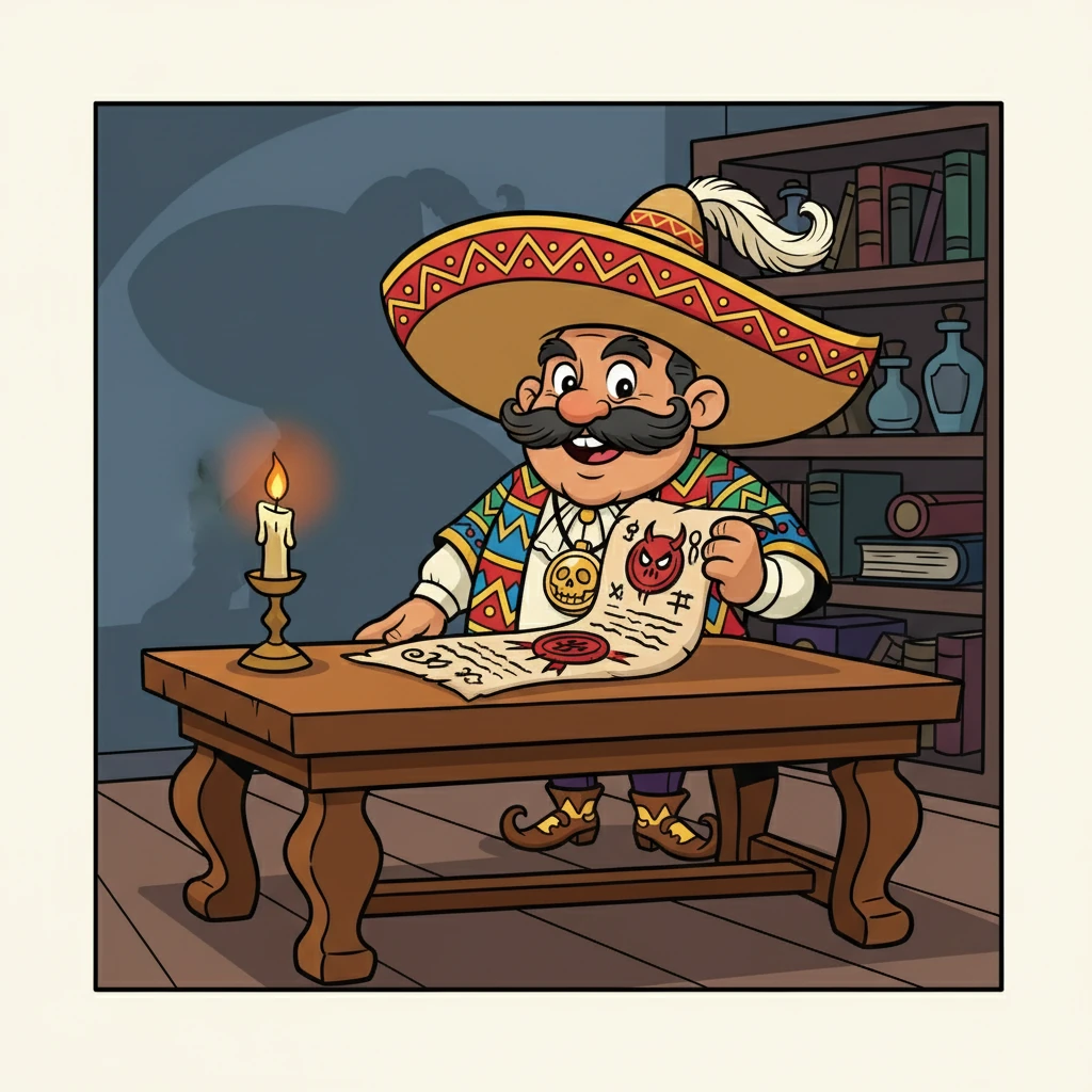 Un contrato extraño y oscuro, sellado con un sello diabólico, yacía sobre una mesa. Don Bartolo, con una sonrisa enigmática, lo miraba, sabiendo que su pacto estaba a punto de cumplirse.