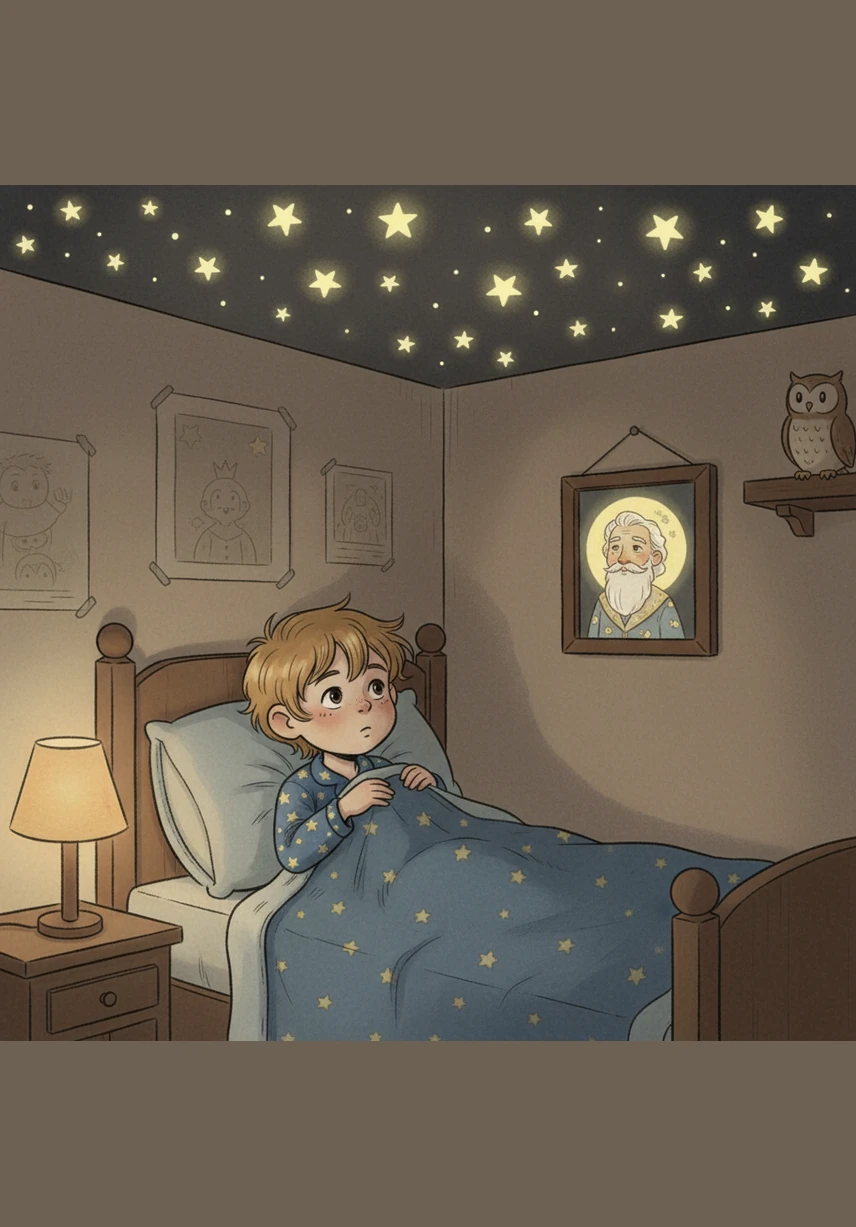 Oliver puts on his favorite star-patterned pajamas and snuggles under his soft, blue blanket. As his bedside lamp dims, the glow-in-the-dark stickers on his ceiling begin to shimmer and pulse like real stars in the night sky.
