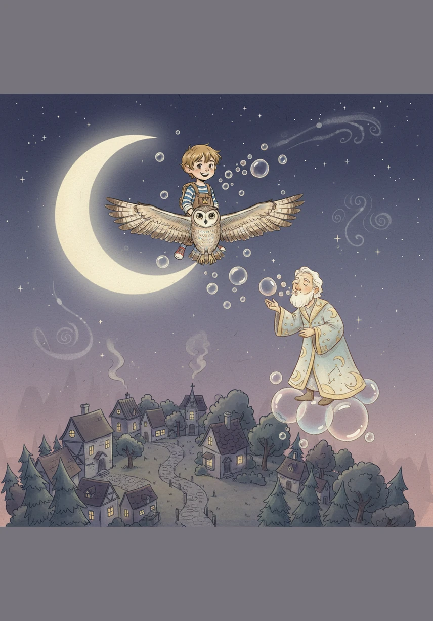 Oliver soars high above the sleeping world, passing over shimmering silver rivers and forests made of velvet trees. A wise Great Owl, wearing a tiny golden crown, flies alongside him to guide the way through the starlit clouds.